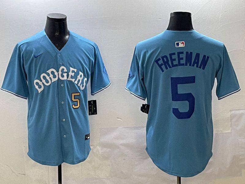 Men Los Angeles Dodgers 5 Freeman Light Blue Throwback Game 2025 Nike MLB Jersey style 11